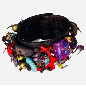 Yik Fung Brown Leather Beaded Cuff Bracelet